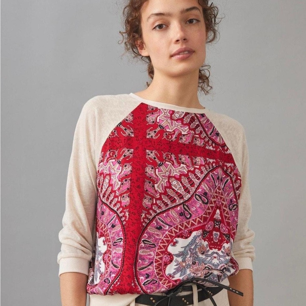 Tiny abstract pullover. Mixed fabrics size 1X